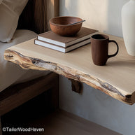 Wood floating bedside table made from solid timber with a soft finish and minimalist floating frame, perfect for rustic or modern sleeping areas