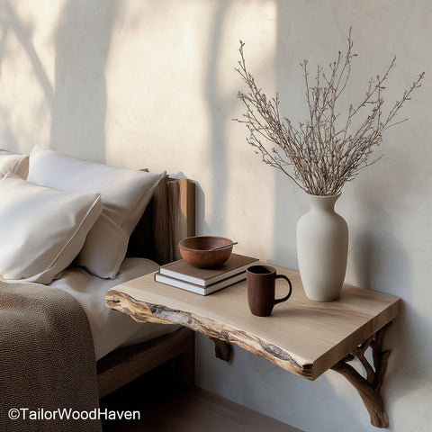 Wood floating bedside table made from solid timber with a soft finish and minimalist floating frame, perfect for rustic or modern sleeping areas