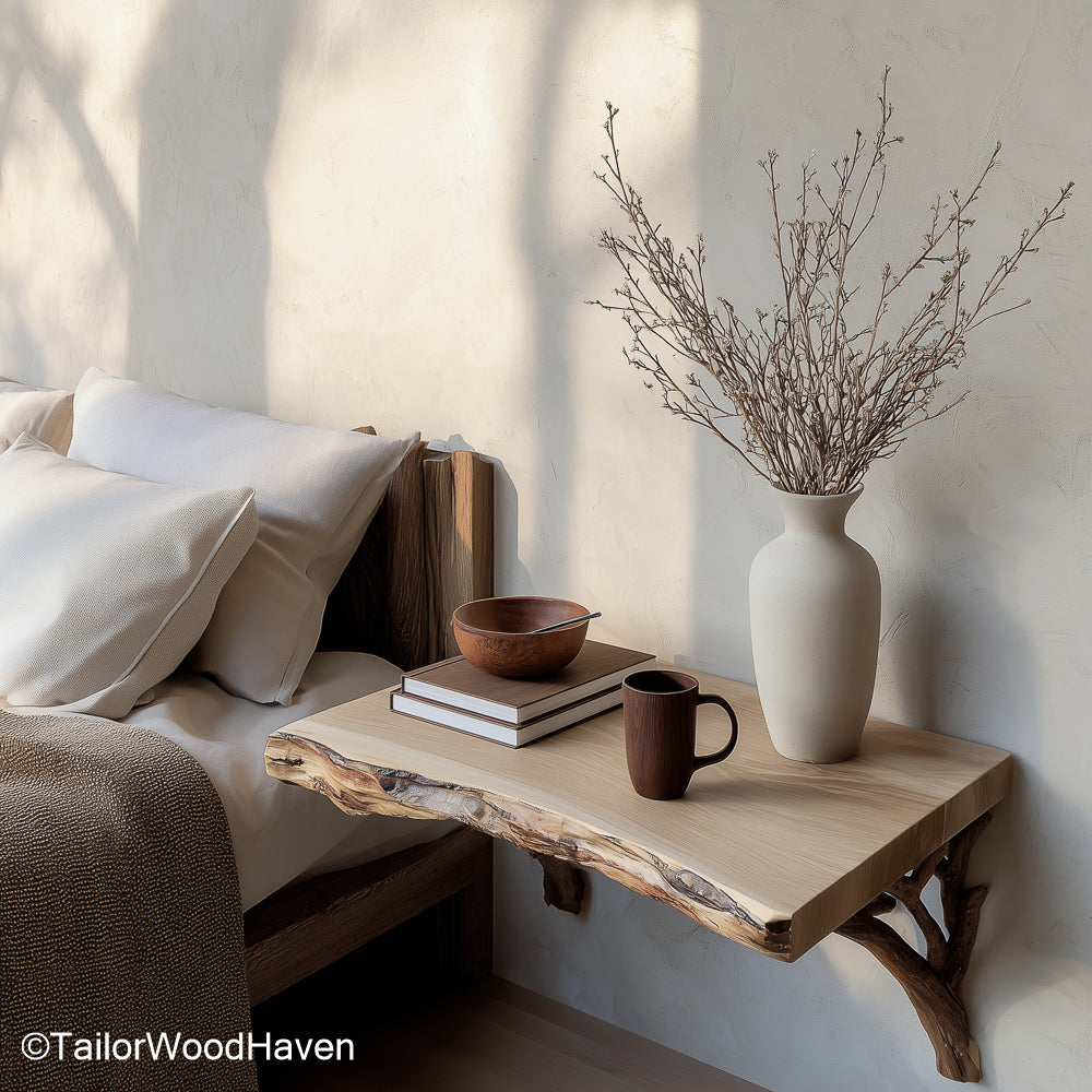 Wood floating bedside table made from solid timber with a soft finish and minimalist floating frame, perfect for rustic or modern sleeping areas