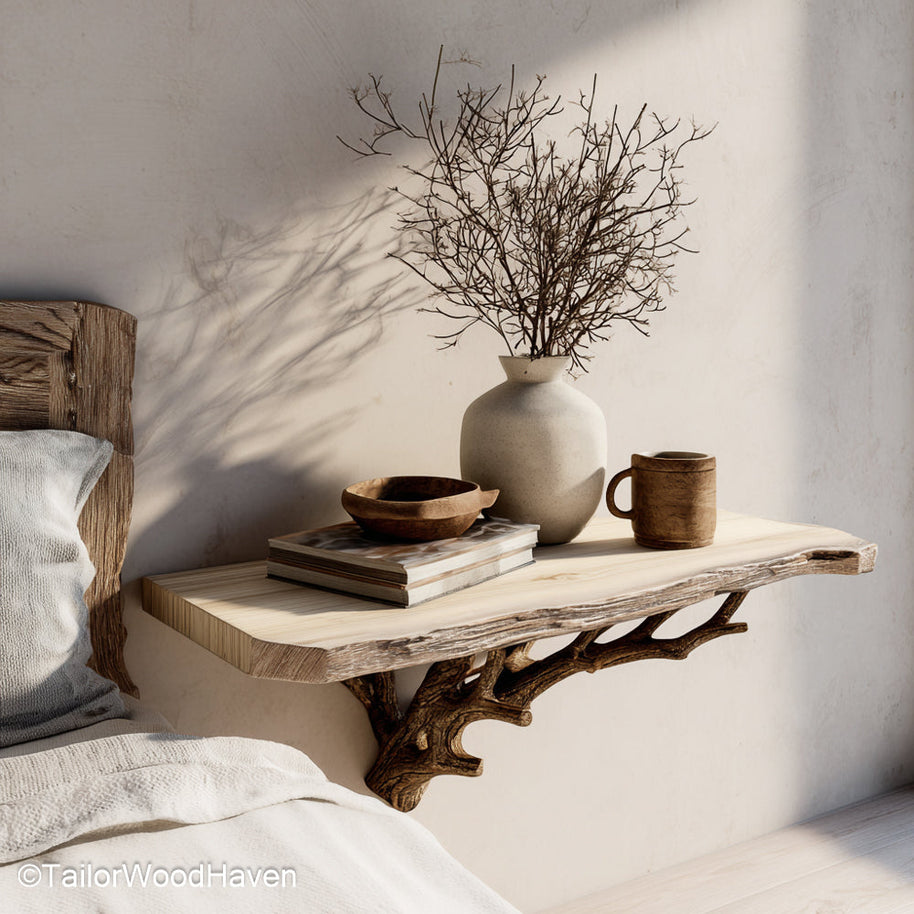 Floating End Tables for Bedroom designed with a slim floating form and solid wood finish, perfect for compact bedside storage in small interiors