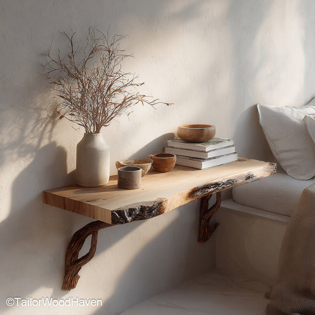 Bedside Wall Mounted Shelf made from hardwood with clean lines and compact form, perfect for minimal or rustic bedroom wall storage
