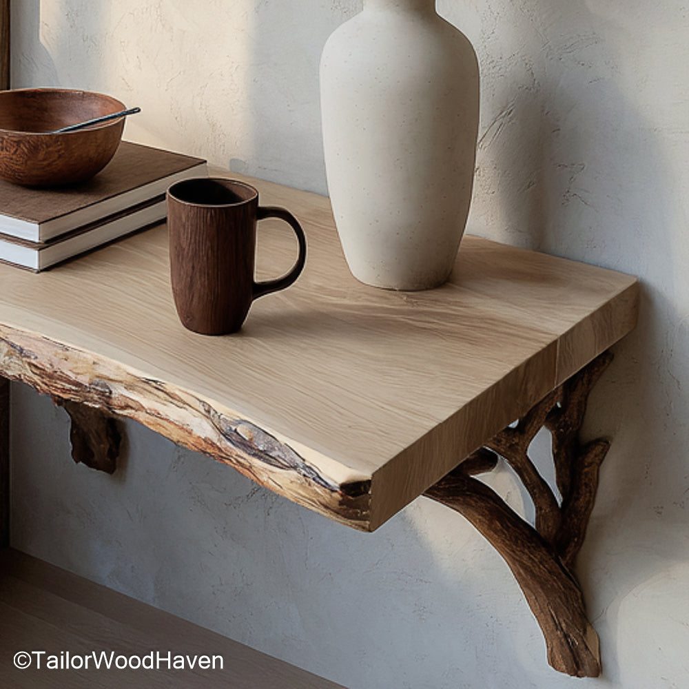 Oak Floating Bedside Table handcrafted from oak with rich tone and subtle texture, ideal for cozy, mid century, or rustic floating bedroom storage
