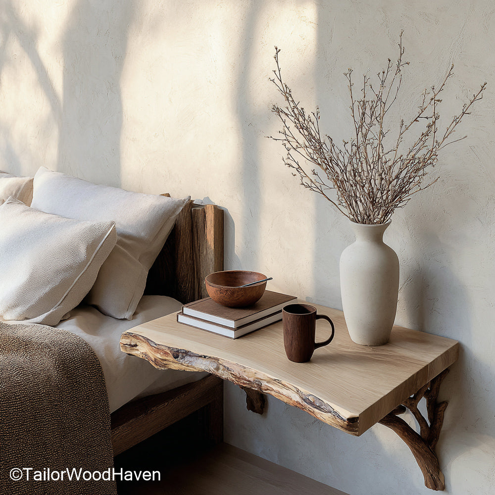 Oak Floating Bedside Table handcrafted from oak with rich tone and subtle texture, ideal for cozy, mid century, or rustic floating bedroom storage