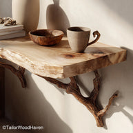 Floating shelf instead of bedside table built from hardwood with a slim floating form, a space saving alternative for bedsides in minimalist bedrooms