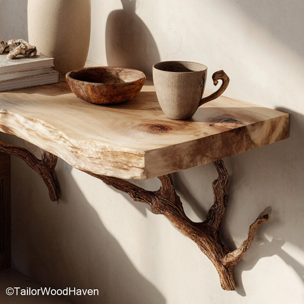 Floating shelf instead of bedside table built from hardwood with a slim floating form, a space saving alternative for bedsides in minimalist bedrooms