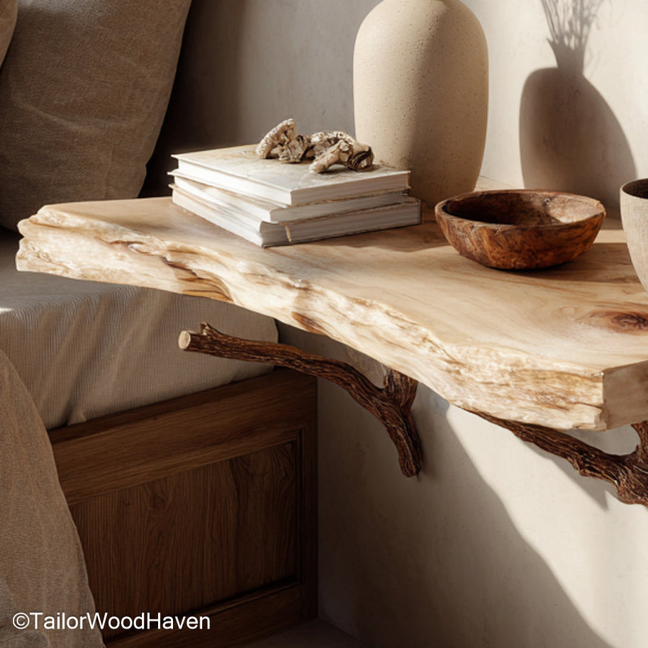 Floating shelf instead of bedside table built from hardwood with a slim floating form, a space saving alternative for bedsides in minimalist bedrooms