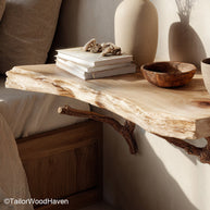 Floating shelf instead of bedside table built from hardwood with a slim floating form, a space saving alternative for bedsides in minimalist bedrooms