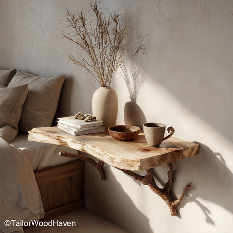 Floating shelf instead of bedside table built from hardwood with a slim floating form, a space saving alternative for bedsides in minimalist bedrooms