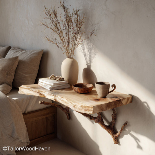 Floating shelf instead of bedside table built from hardwood with a slim floating form, a space saving alternative for bedsides in minimalist bedrooms