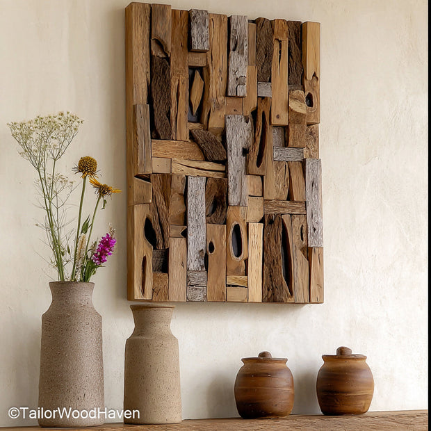 Abstract Driftwood Wall Art made with layered driftwood in organic forms and asymmetrical layout, ideal for modern, creative, or earthy home styling
