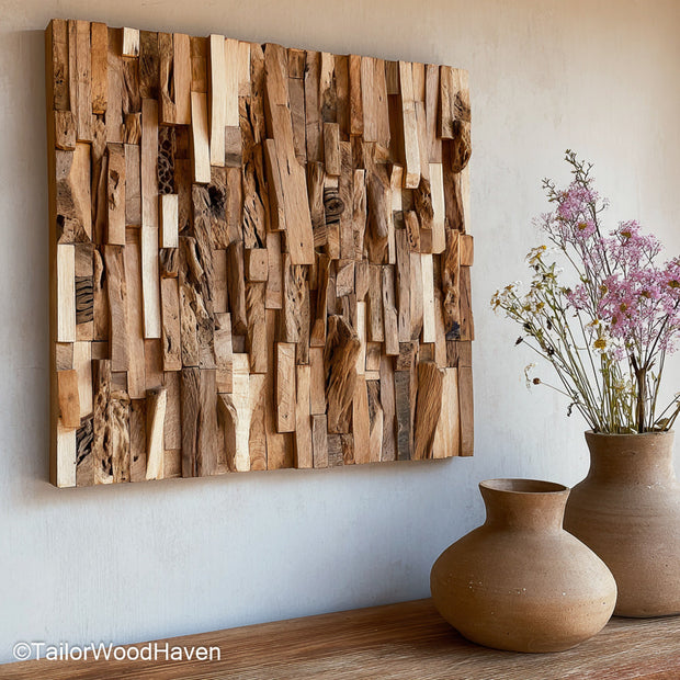 Large Driftwood Wall Decor built from thick, textured driftwood in horizontal or vertical layouts, ideal for filling large entryways or lounge walls