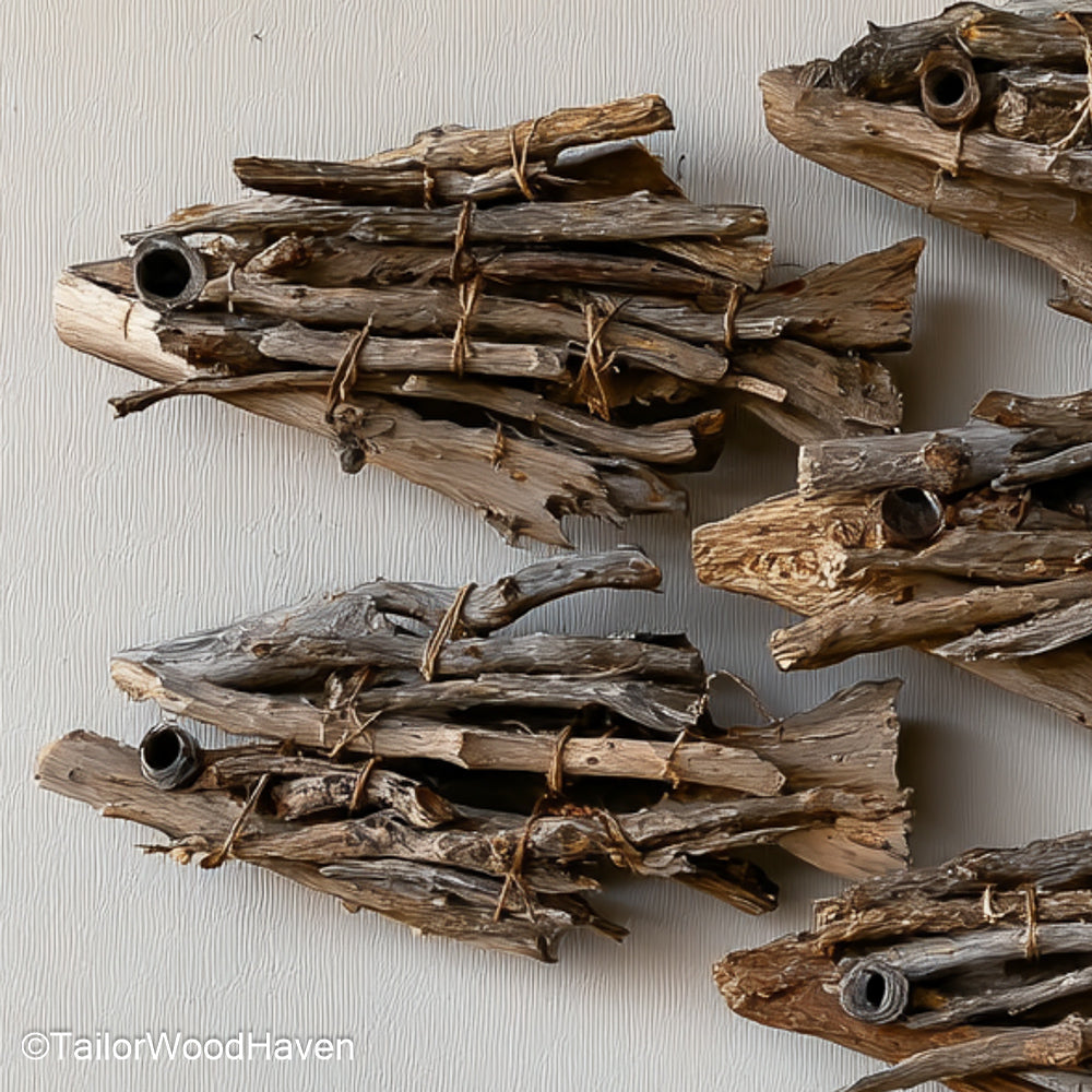 Driftwood Fish Wall Art handcrafted ocean themed art using layered driftwood to create fish shapes, perfect for beach house or nautical wall styling
