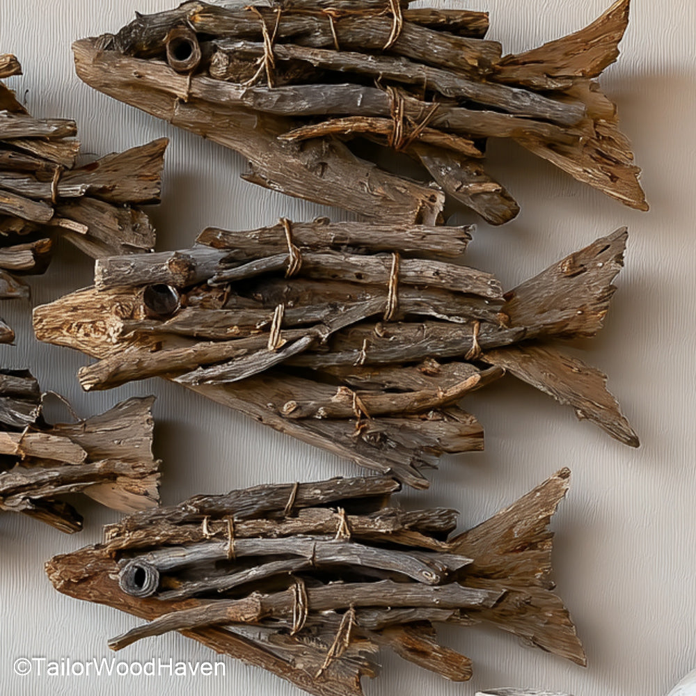 Driftwood Fish Wall Art handcrafted ocean themed art using layered driftwood to create fish shapes, perfect for beach house or nautical wall styling