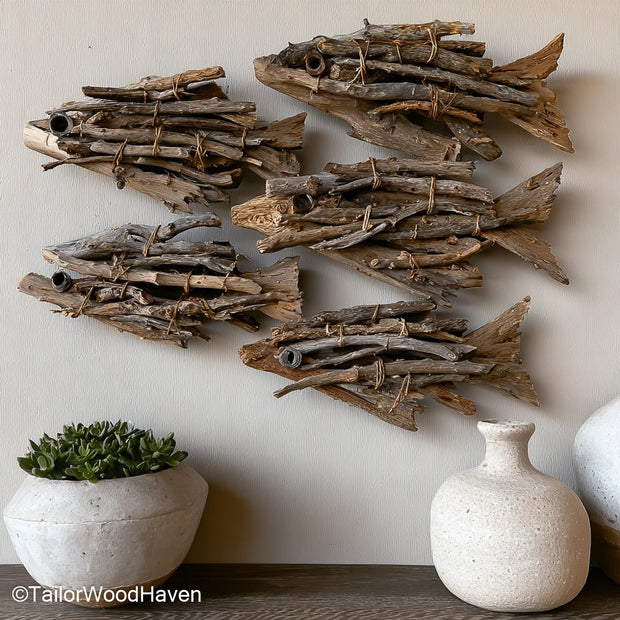 Driftwood Fish Wall Art handcrafted ocean themed art using layered driftwood to create fish shapes, perfect for beach house or nautical wall styling
