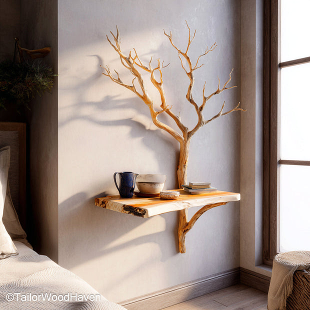 Bedside Table Wall made from real wood with a bracket free appearance and minimalist design, offering simple and clean wall mounted storage solutions