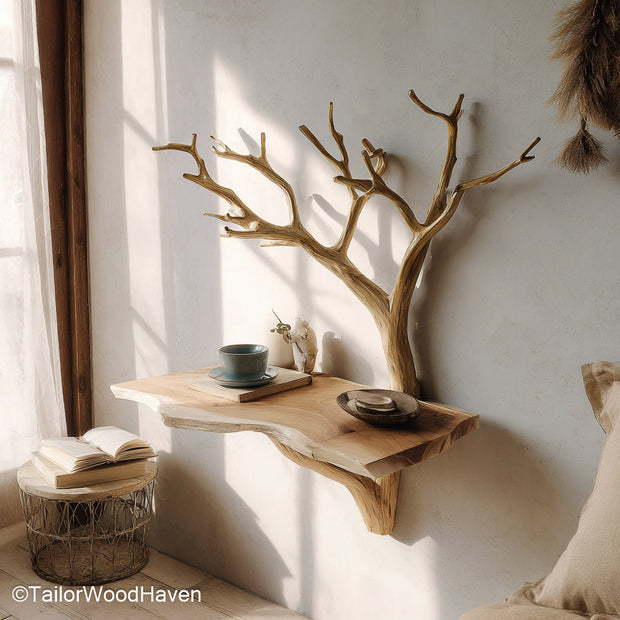 Wall Night Stand made from solid wood with natural texture and compact floating form, ideal for cozy sleeping spaces or small room layouts