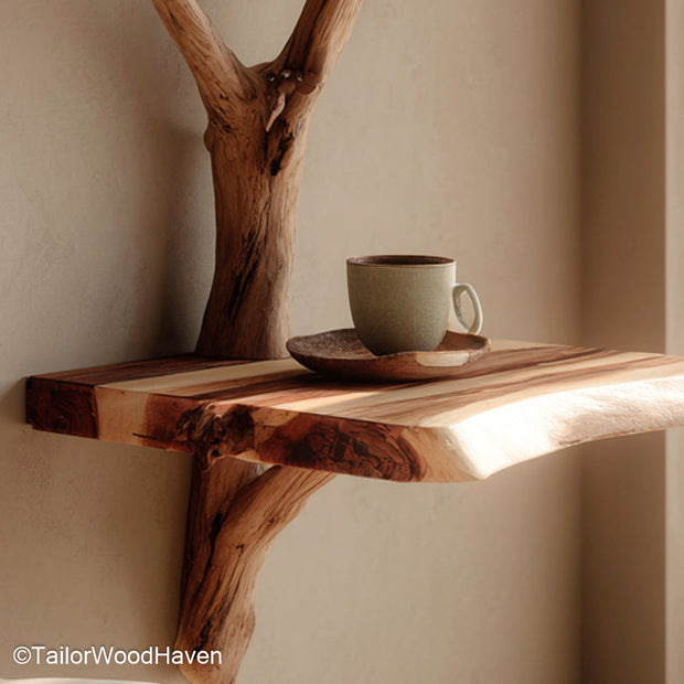 Bedside Wall Shelf handcrafted in hardwood with a simple floating design and warm finish, ideal for functional and minimalist bedroom wall storage