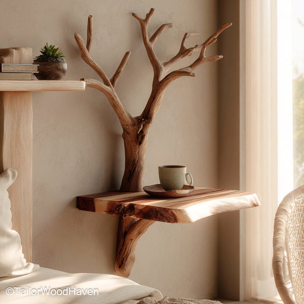 Bedside Wall Shelf handcrafted in hardwood with a simple floating design and warm finish, ideal for functional and minimalist bedroom wall storage
