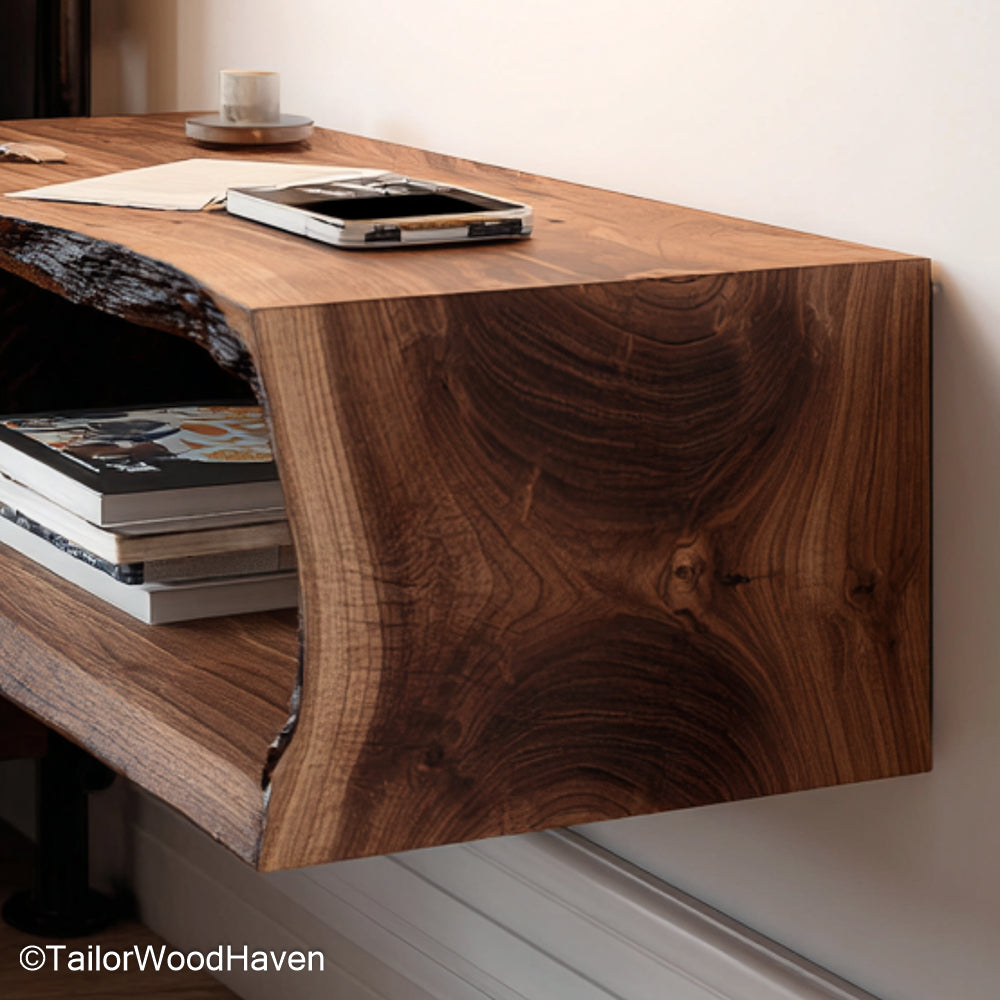 Floating Wood Nightstand built with natural hardwood and floating support, featuring a warm tone and slim profile for cozy or modern sleeping spaces