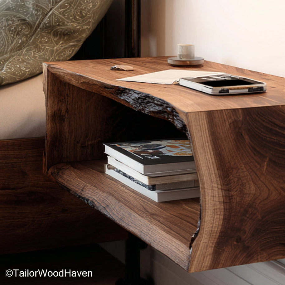 Floating Wood Nightstand built with natural hardwood and floating support, featuring a warm tone and slim profile for cozy or modern sleeping spaces