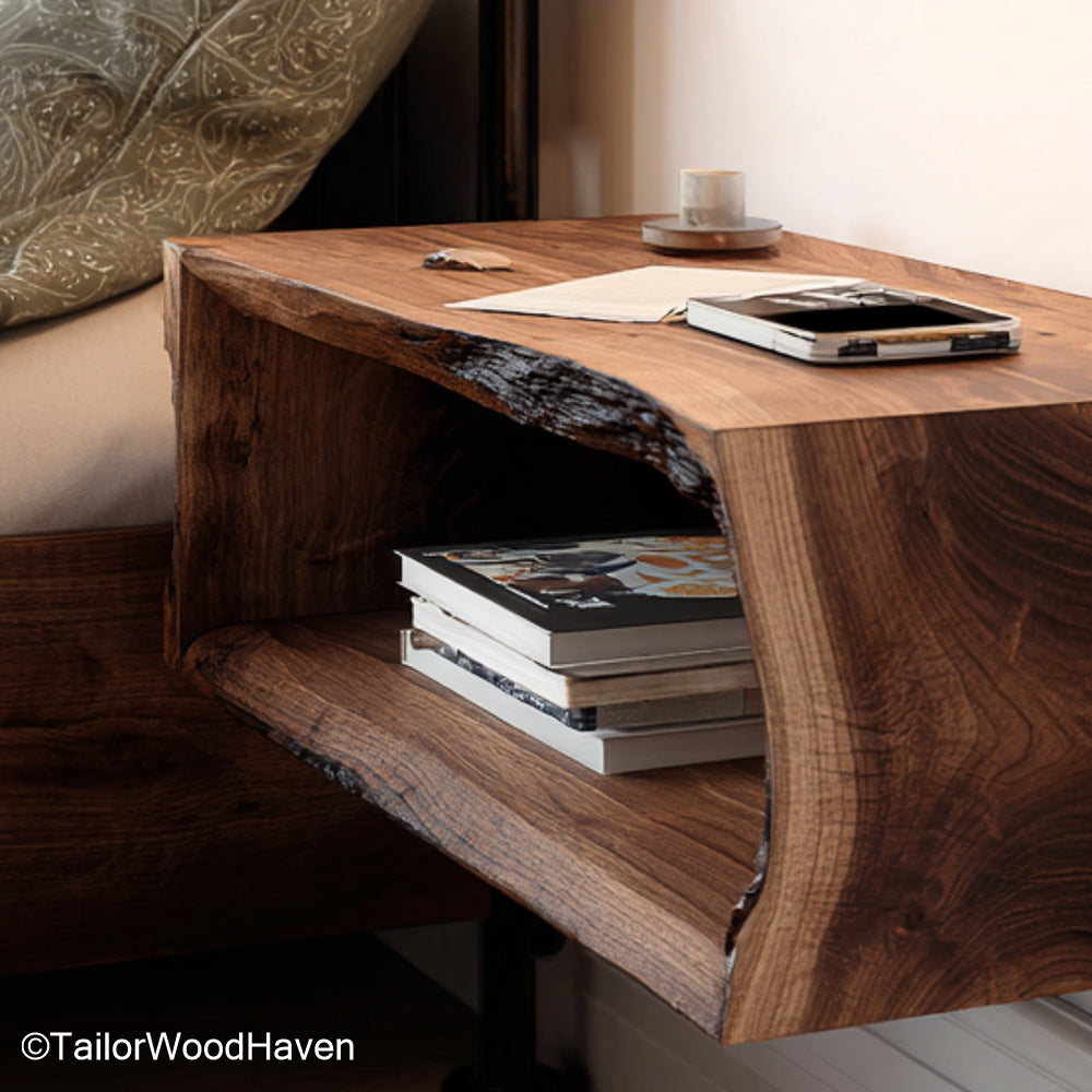 Floating Wood Nightstand built with natural hardwood and floating support, featuring a warm tone and slim profile for cozy or modern sleeping spaces
