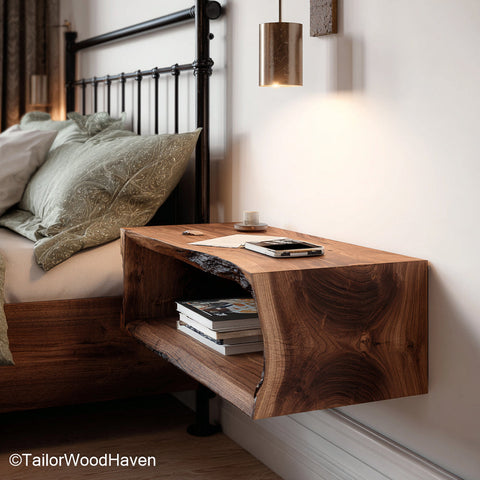 Floating Wood Nightstand built with natural hardwood and floating support, featuring a warm tone and slim profile for cozy or modern sleeping spaces