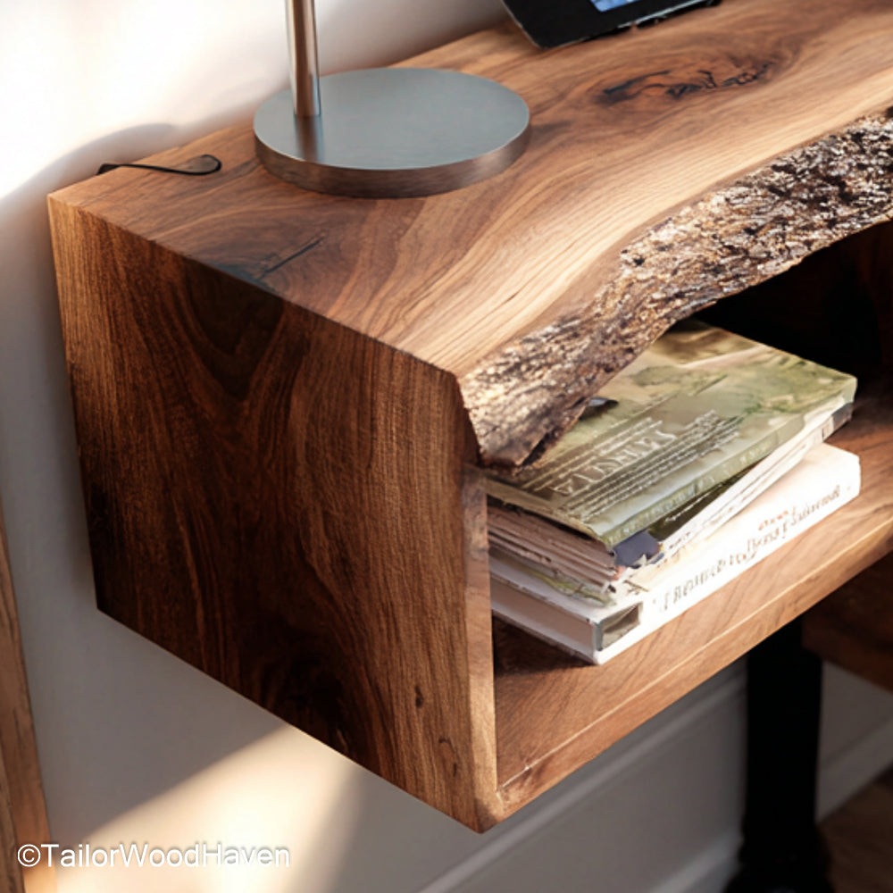 Small Floating Bedside Table built from natural hardwood with compact floating design, offering warm and minimal storage in tight bedroom layouts