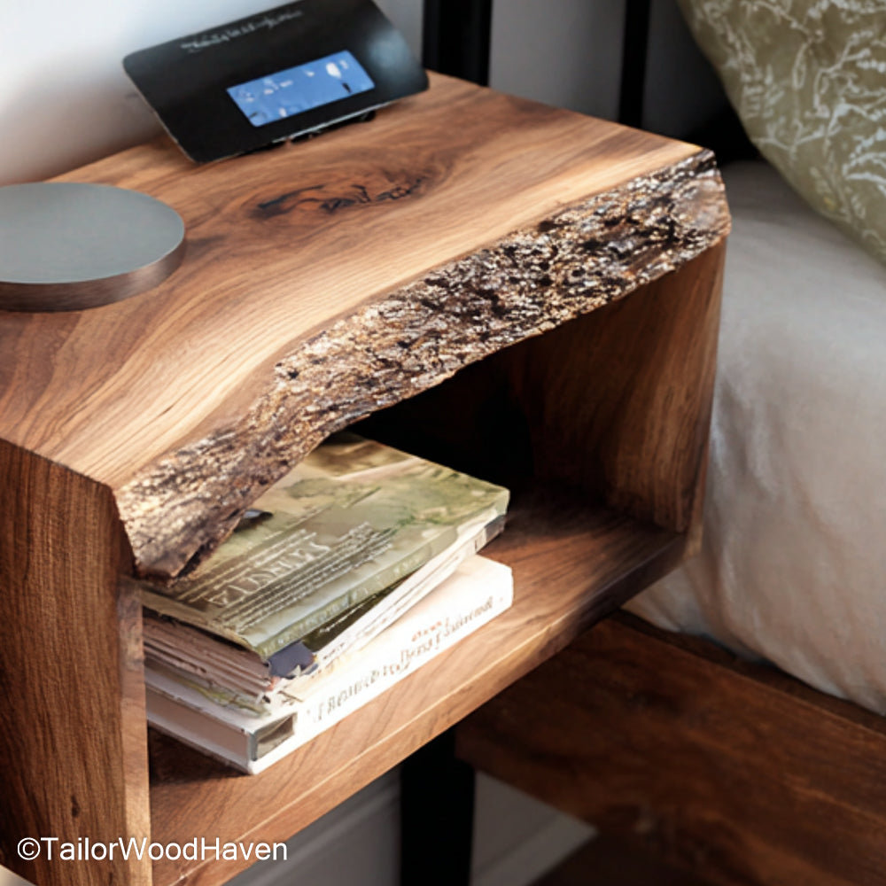 Small Floating Bedside Table built from natural hardwood with compact floating design, offering warm and minimal storage in tight bedroom layouts