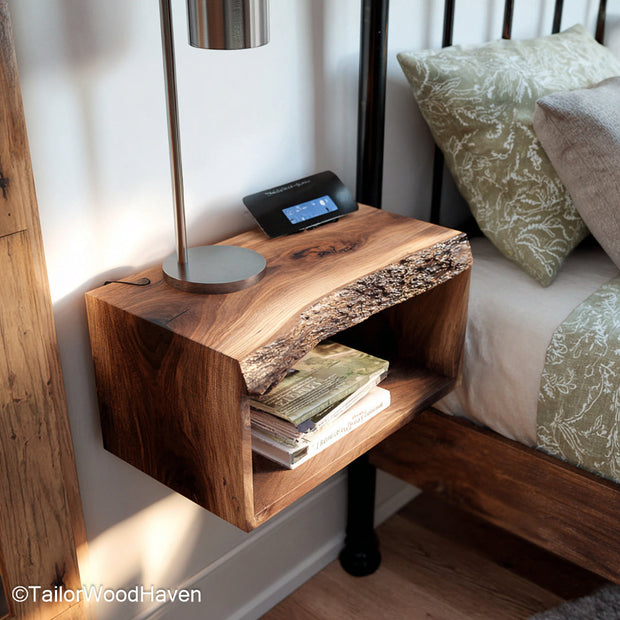 Small Floating Bedside Table built from natural hardwood with compact floating design, offering warm and minimal storage in tight bedroom layouts
