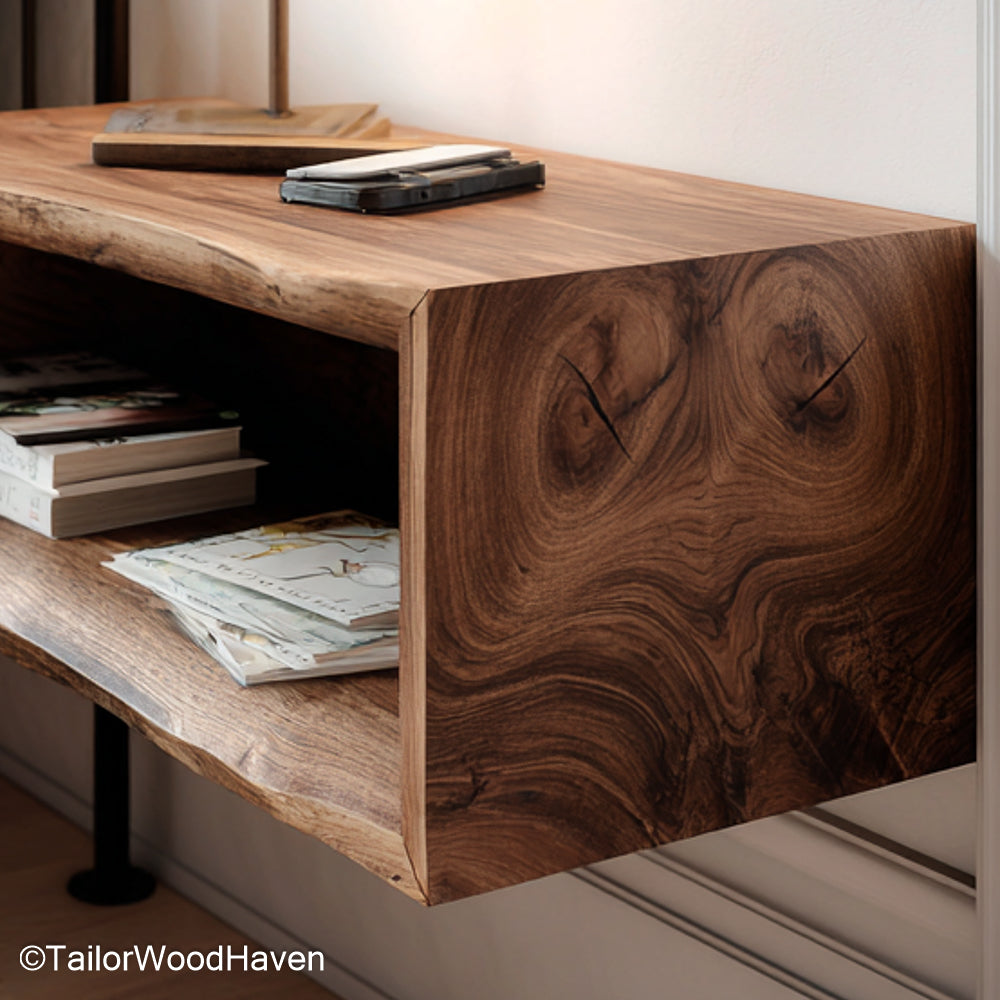 Large Floating Nightstand made from thick hardwood with an extended surface and strong support, offering spacious storage for modern or rustic interiors