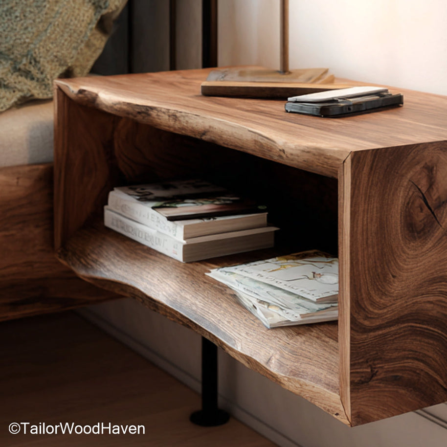 Large Floating Nightstand made from thick hardwood with an extended surface and strong support, offering spacious storage for modern or rustic interiors