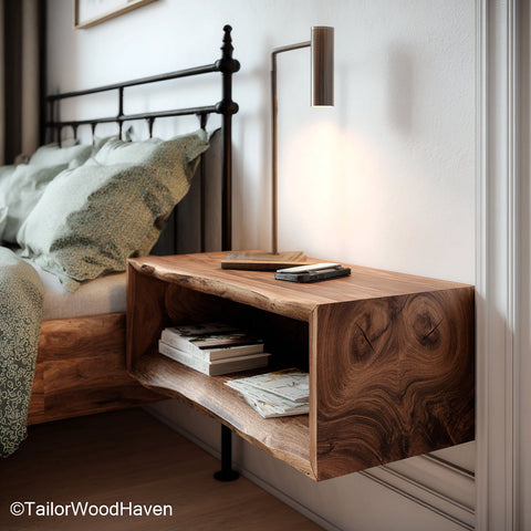 Large Floating Nightstand made from thick hardwood with an extended surface and strong support, offering spacious storage for modern or rustic interiors