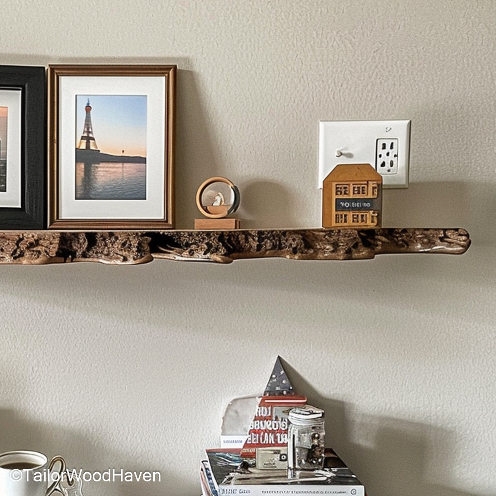 Live edge floating shelves with raw wood texture and organic edges, offering a nature inspired look for living rooms or hallway accents