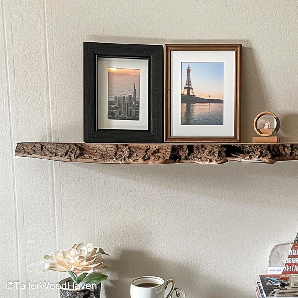 Live edge floating shelves with raw wood texture and organic edges, offering a nature inspired look for living rooms or hallway accents