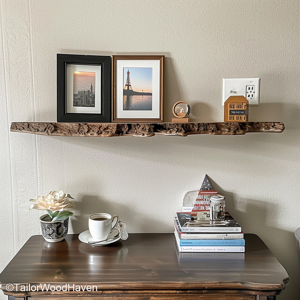 Live edge floating shelves with raw wood texture and organic edges, offering a nature inspired look for living rooms or hallway accents