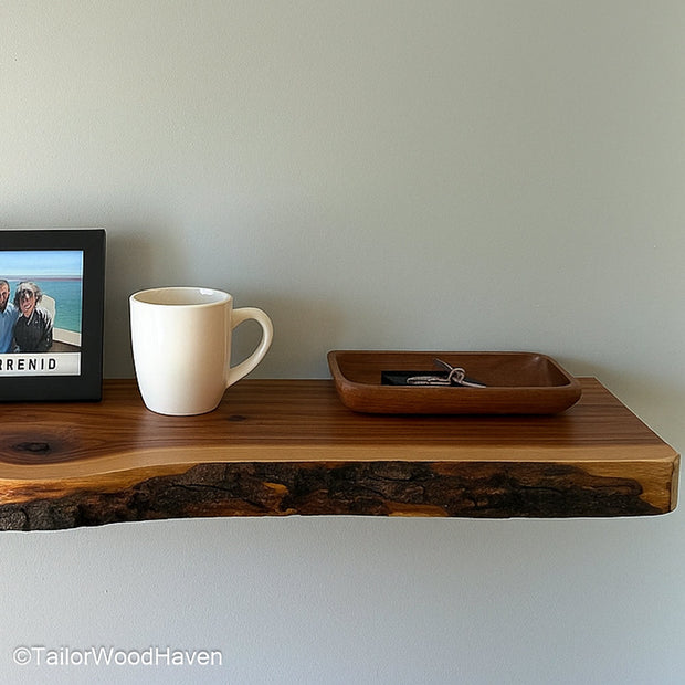 Floating shelves for living room made with natural hardwood and minimalist lines, designed for modern open wall displays