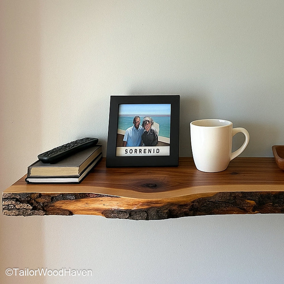 Floating shelves for living room made with natural hardwood and minimalist lines, designed for modern open wall displays