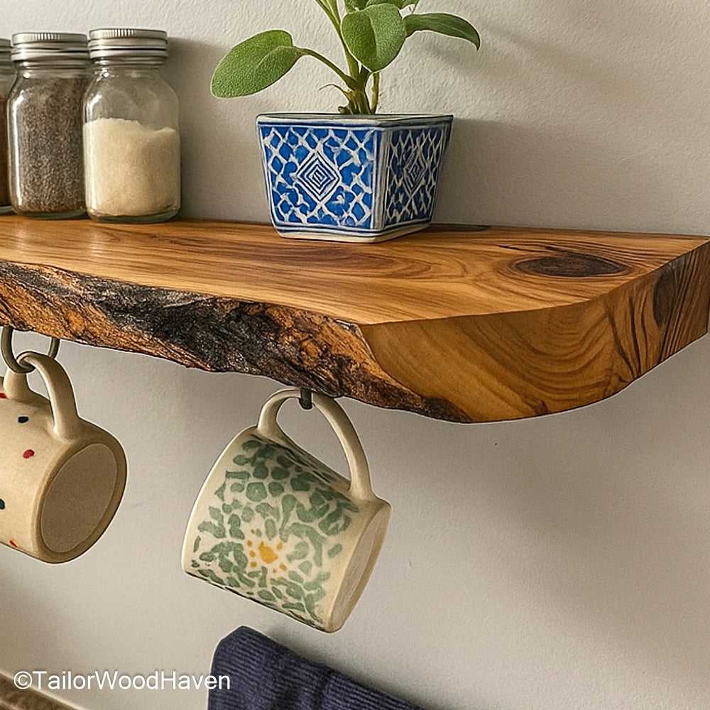 Floating shelves for kitchen with durable sealed wood, designed for easy access to jars, dishes, spices, or decorative accents