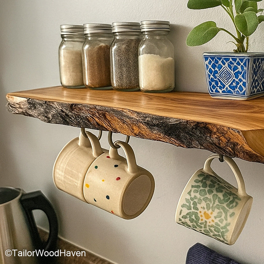 Floating shelves for kitchen with durable sealed wood, designed for easy access to jars, dishes, spices, or decorative accents
