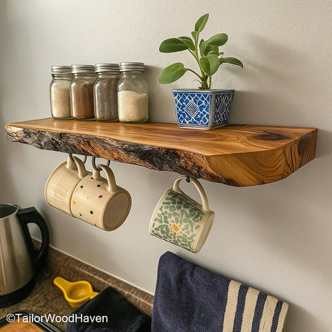 Floating shelves for kitchen with durable sealed wood, designed for easy access to jars, dishes, spices, or decorative accents