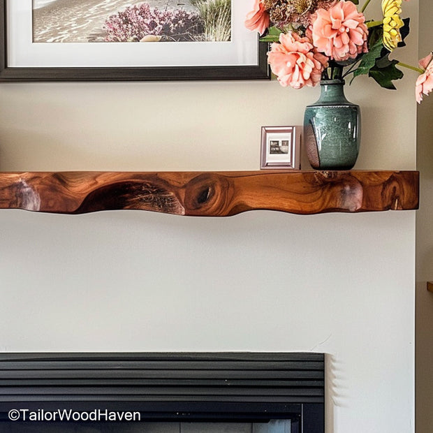 Floating fireplace mantel shelves crafted from thick wood slab with live edge styling, designed for above fireplace installations