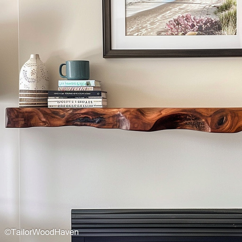 Floating fireplace mantel shelves crafted from thick wood slab with live edge styling, designed for above fireplace installations