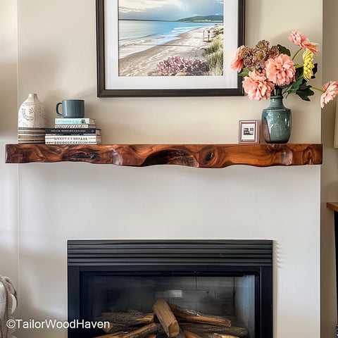 Floating fireplace mantel shelves crafted from thick wood slab with live edge styling, designed for above fireplace installations