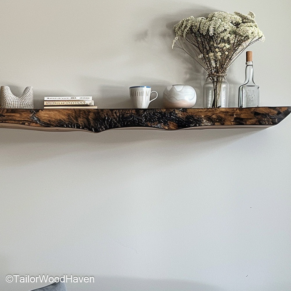 Floating bar shelves in rustic or dark wood tone for stylish bottle displays, perfect for home bar walls or dining area setups
