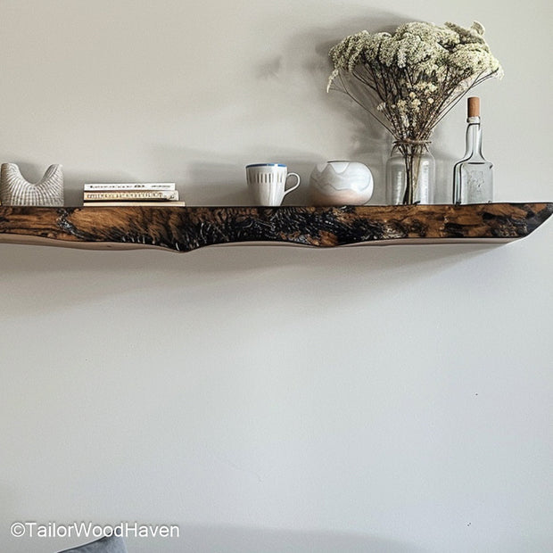 Floating bar shelves in rustic or dark wood tone for stylish bottle displays, perfect for home bar walls or dining area setups