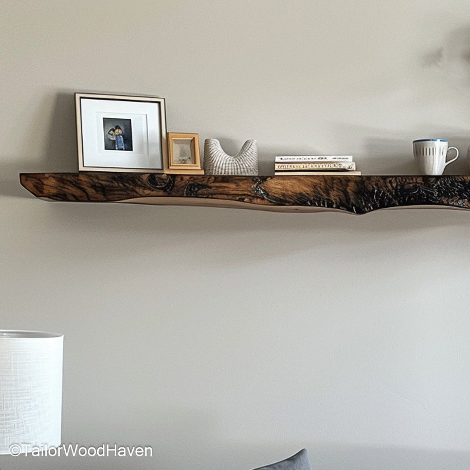 Floating bar shelves in rustic or dark wood tone for stylish bottle displays, perfect for home bar walls or dining area setups