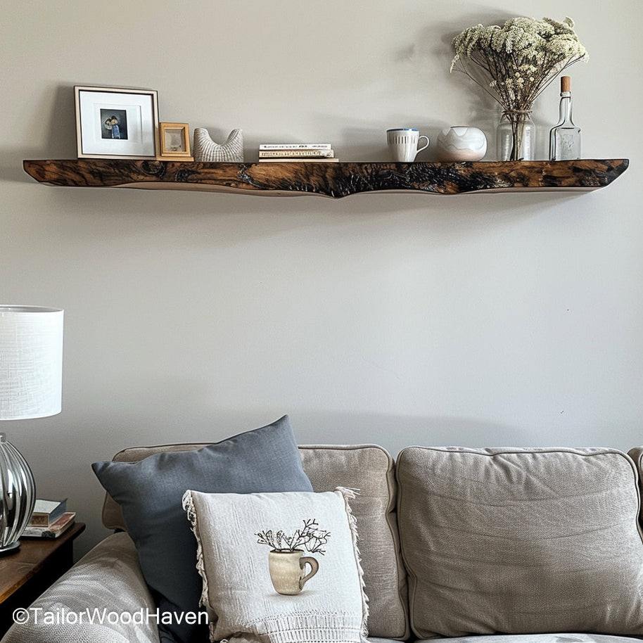 Floating bar shelves in rustic or dark wood tone for stylish bottle displays, perfect for home bar walls or dining area setups
