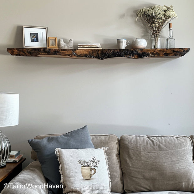 Floating bar shelves in rustic or dark wood tone for stylish bottle displays, perfect for home bar walls or dining area setups