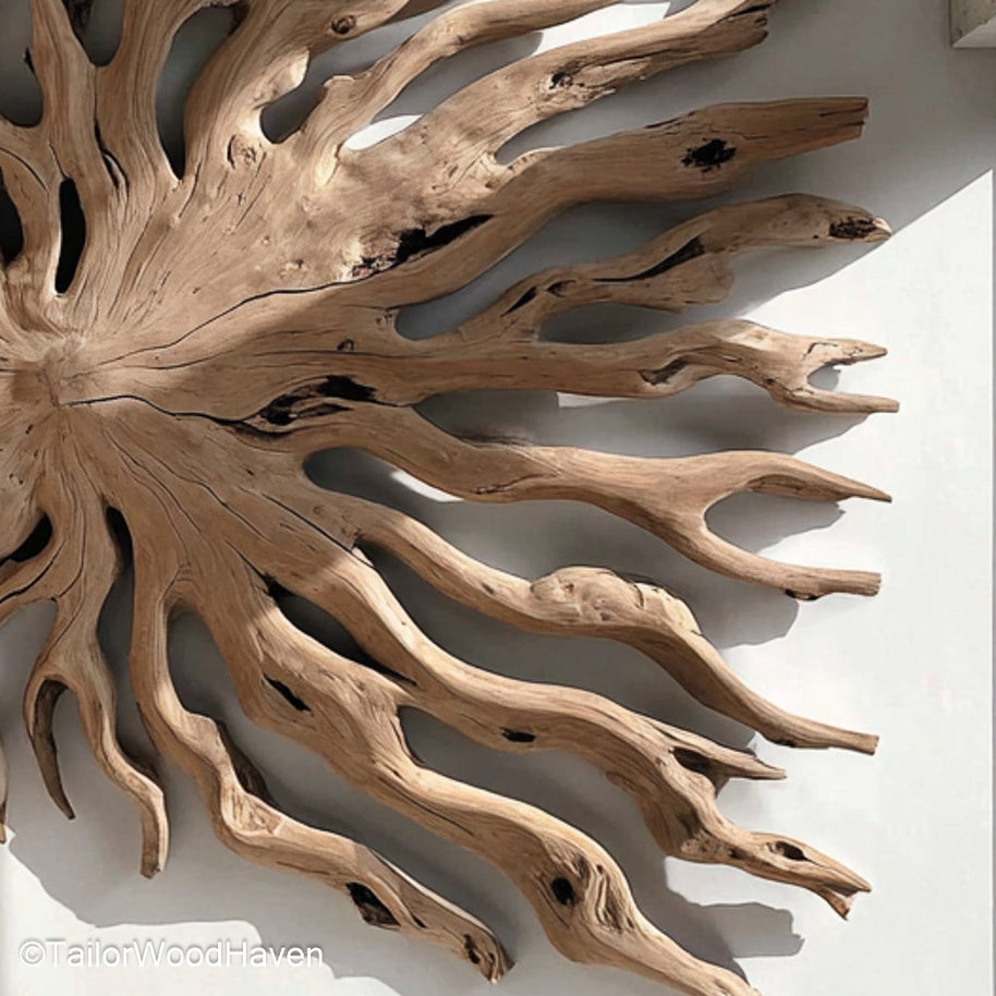 Driftwood Wall Art Large statement piece built from oversized driftwood pieces arranged to create natural texture for spacious modern walls