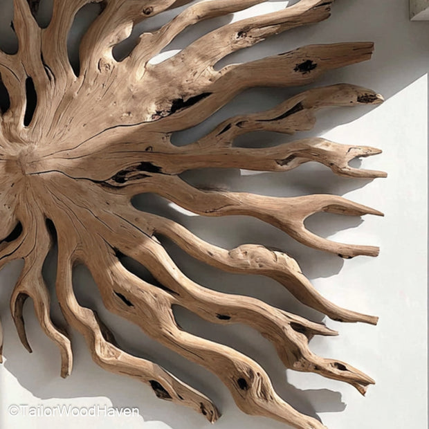 Driftwood Wall Art Large statement piece built from oversized driftwood pieces arranged to create natural texture for spacious modern walls